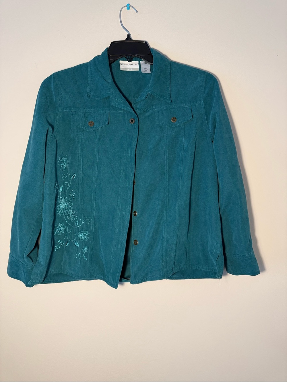 Alfred Dunner Teal Embroidered Suede Jean Jacket